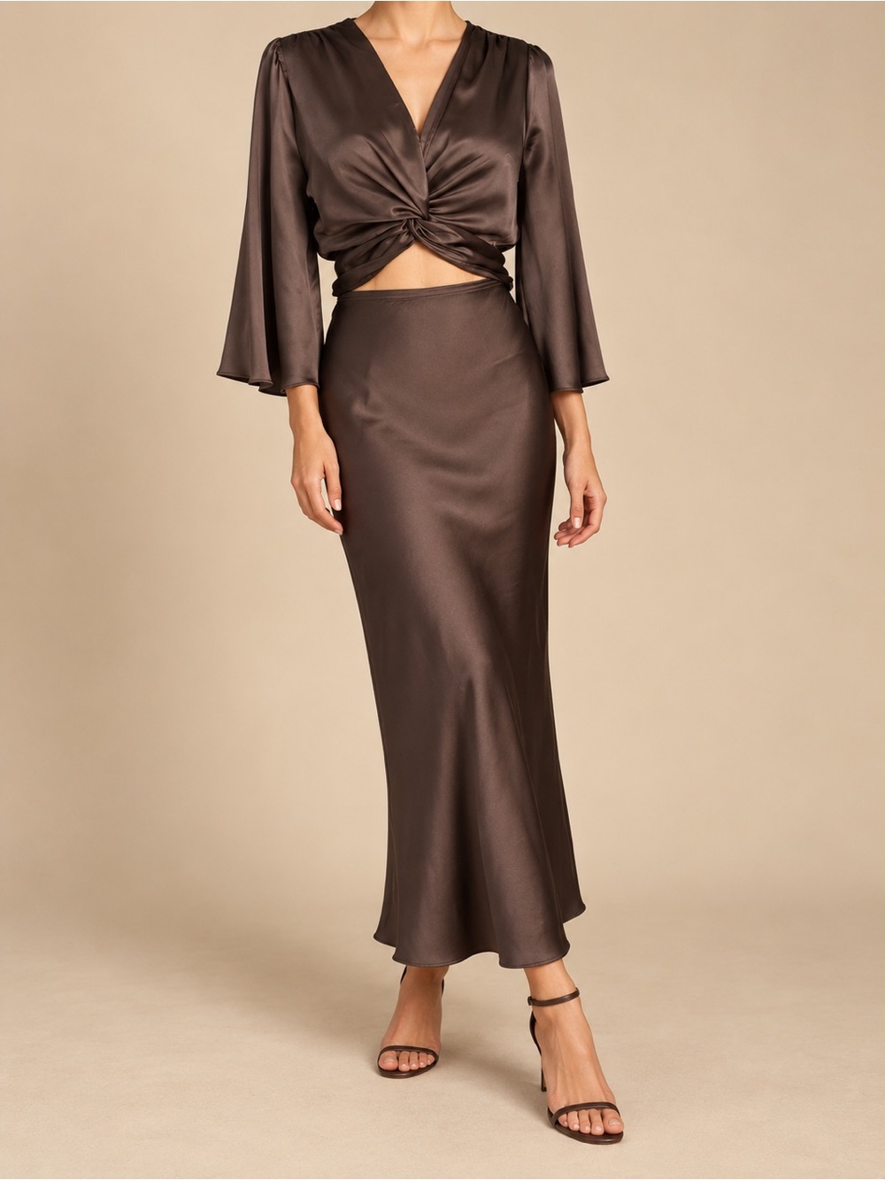 Satin Bias Maxi Skirt in Deep Brown